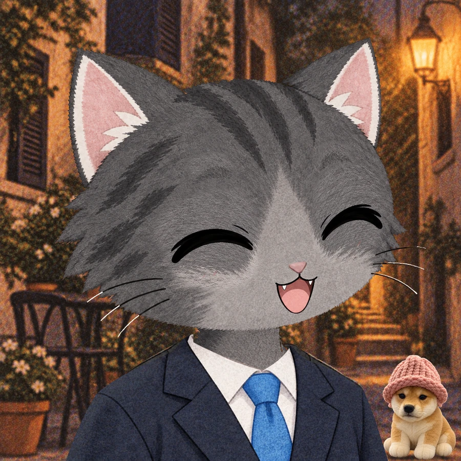 Stonk Cats #0005: Charcoal with laugh expression, wearing Stonks suit — navy.
