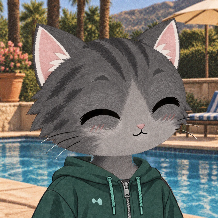 Stonk Cats #0023: Charcoal with content expression, wearing PURR teal zip hoodie.