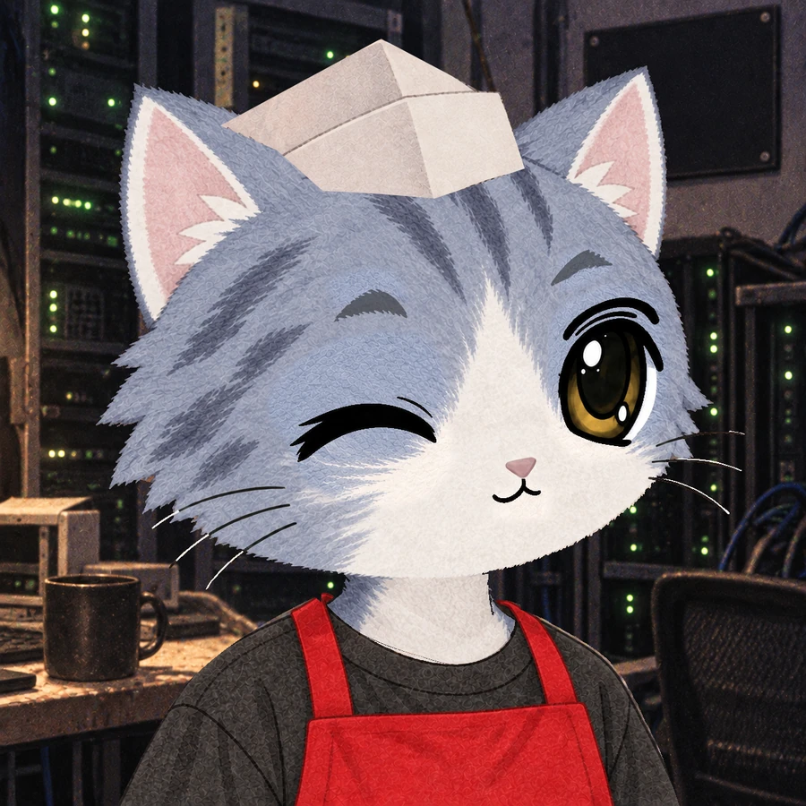 Stonk Cats #0178: Blue-grey tabby with wink expression, wearing Red service apron over charcoal tee, Folded service cap.